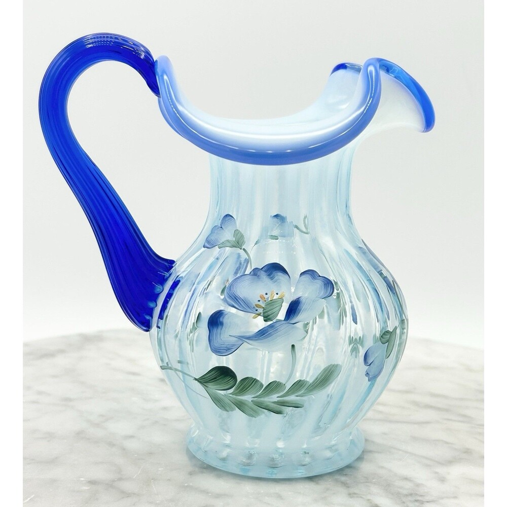 Fenton Art Glass Blue Topaz Opalescent Pitcher Hand Painted Signed MINT